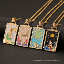 Hip-hop drips oil exaggerates personality vintage 18k locket tarot card necklace pendant